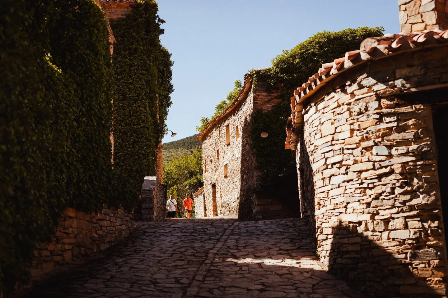 Calle empedrada de Valdelavilla entre casas de piedra, vacía, con el bosque al fondo