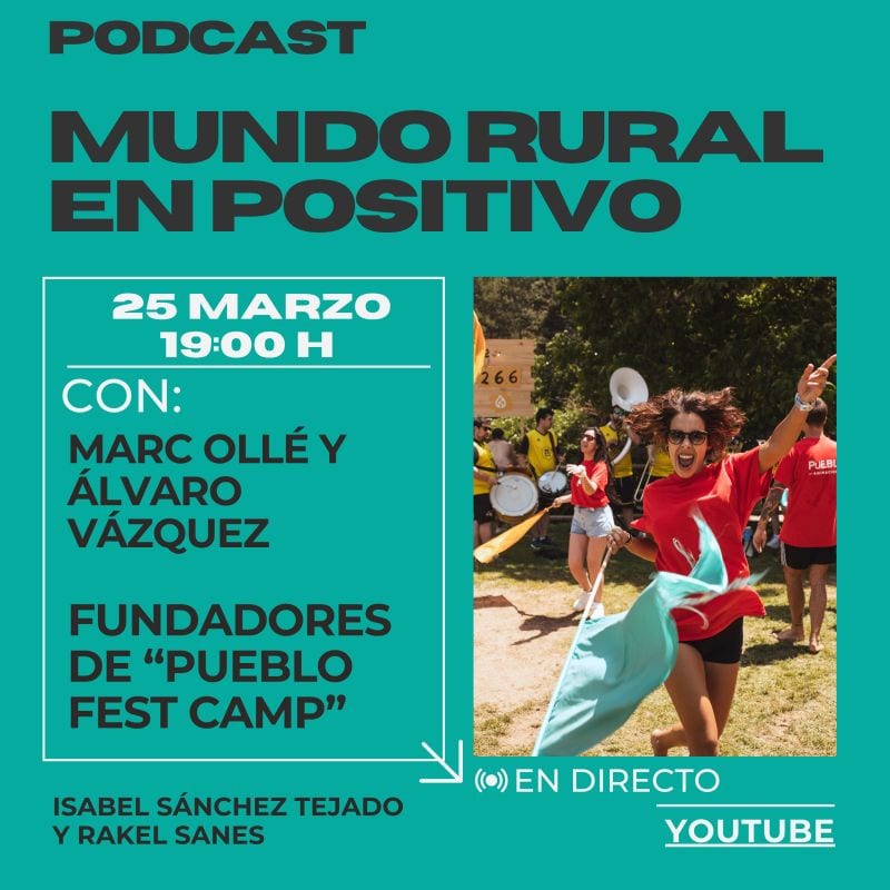 Cartel del podcast Mundo Rural en Positivo con los fundadores de PUEBLO Fest Camp
